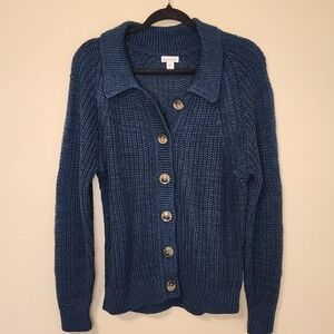 Garnet Hill Teal Blue Chunky Knit Button Cardigan Medium Linen Organic Cotton